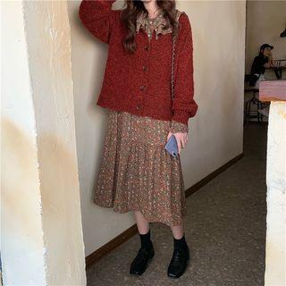 Button Cardigan / Long-sleeve Midi Floral Dress
