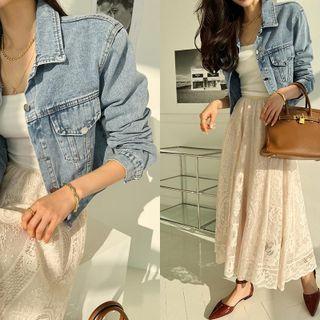 Dual-pocket Denim Cropped Jacket Blue - One Size