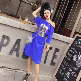 3/4-sleeve Printed T-shirt Dress Blue - One Size