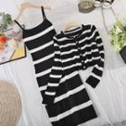 Set Of 2 : Striped Suspender Maxi Skirt + Striped Long-sleeve Jacket Stripe - One Size
