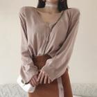 V-neck Cardigan / Buttoned Contrast Trim Knit Skirt