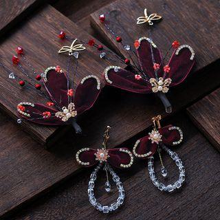 Wedding Set: Faux Pearl Bow Hair Clip + Dangle Earring Set - 1 Pair - Clip On Earring - As Shown In Figure - One Size