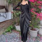 Halter Strap Midi Sheath Dress / Long-sleeve Top / Set