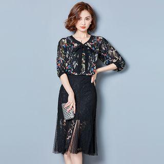 Set: Tie-neck Blouse + Camisole + Lace Skirt