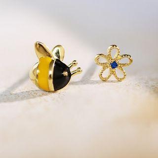 Non-matching 925 Sterling Silver Bee & Flower Earring