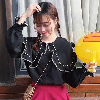 Contrast Trim Faux Pearl Long Sleeve Blouse