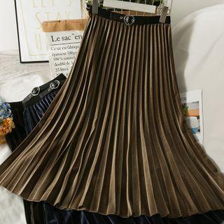 Pleated Velvet Midi Skirt With Belt In 5 Colors
