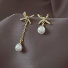 Bow Rhinestone Faux Pearl Asymmetrical Alloy Dangle Earring 1 Pair - Gold - One Size
