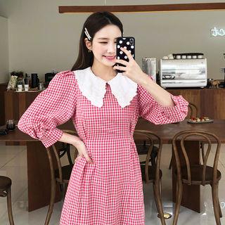 Contrast-collar Balloon-sleeve Plaid Dress