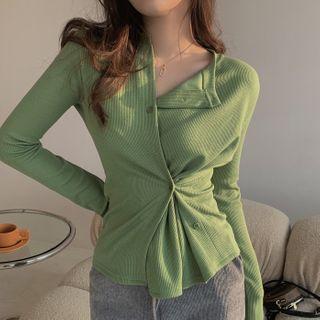 Long-sleeve Button Knit Top Green - One Size