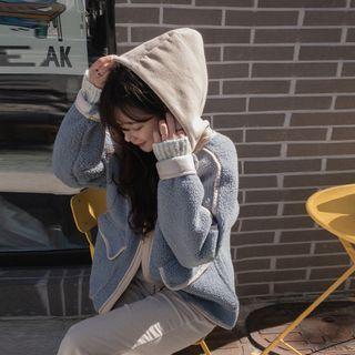 Hooded Piped Sherpa-fleece Boxy Jacket Sky Blue - One Size