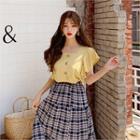 Square-neck Ruffle-sleeve Blouse Yellow - One Size