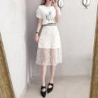 Set: Embroidered Short Sleeve T-shirt Dress + Mesh Midi Skirt