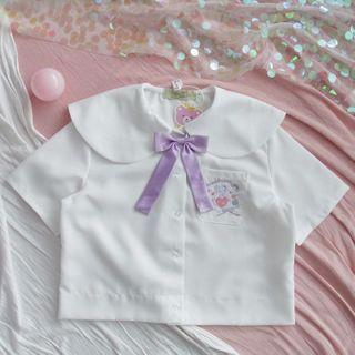 Tie-neck Bear Embroidered Short-sleeve Shirt