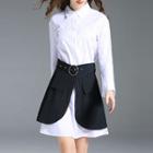Set: Bell-sleeve Shirtdress + Pinstriped A-line Skirt