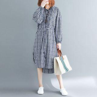 Long-sleeve Plaid Midi Shirtdress Plaid - Black & White - One Size