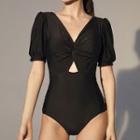 Puff-sleeve V-neck Twisted Swimsuit