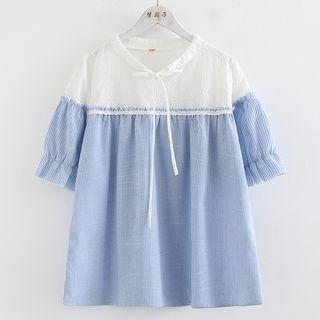 Elbow-sleeve Striped Perforated Panel Top
