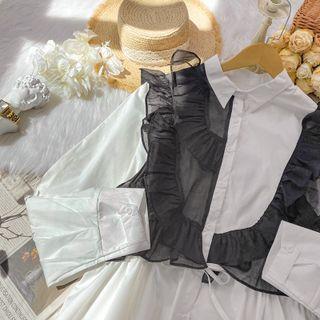 Long-sleeve Mesh Trim Ruffled Blouse