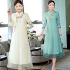 3/4-sleeve Traditional Chinese Embroidered Midi A-line Dress