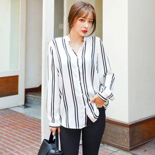 Open-placket Stripe Shirt Ivory - One Size