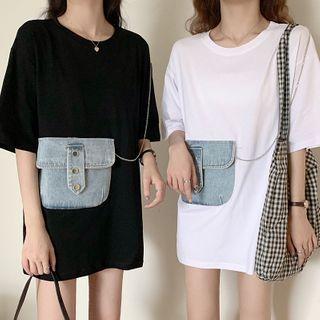 Elbow-sleeve Chained Denim Panel T-shirt