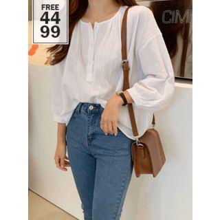 Balloon-sleeve Oversized Henley Top White - One Size