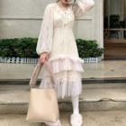 Set: Lace Long-sleeve Midi A-line Dress + Slipdress