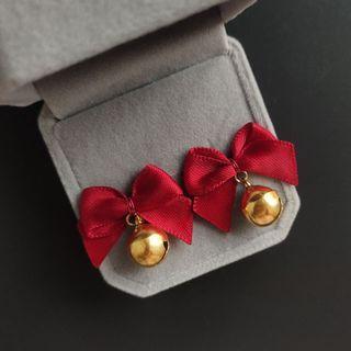 Bow Drop Earring Hook Earring - 1 Pair - Red & Gold - One Size