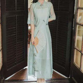 Lace Trim 3/4-sleeve Maxi Dress