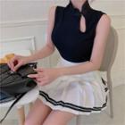 Mandarin Collar Sleeveless Top / Pleated Mini A-line Skirt