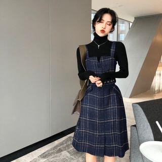 Plain Long-sleeve Slim-fit Top / Check Slim-fit Jumper Dress