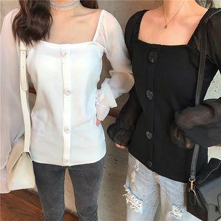 Square-neck Chiffon Panel Blouse