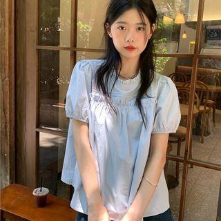 Puff-sleeve Ruffled Shirt Blue - One Size
