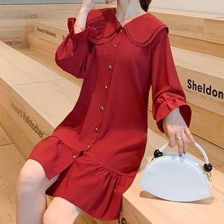 Flared Cuff Ruffle Hem Shirtdress