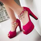 Embellished Ankle Strap Peep Toe Platform Pumps