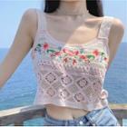 Flower Embroidered Crochet Knit Camisole Top Red & Green & Blue & White & Light Pink - One Size