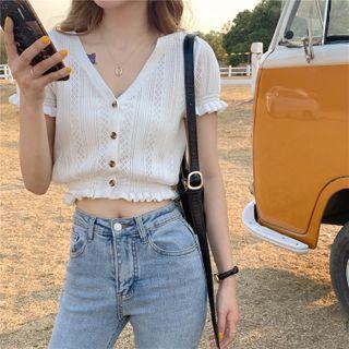 Short-sleeve Cropped Pointelle Knit Top White - One Size