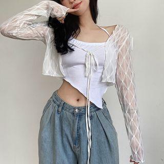 Set: Tie-front Cropped Jacket + Halter Neck Camisole Top