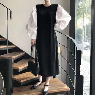 Puff-sleeve Two-tone Midi Shift Dress