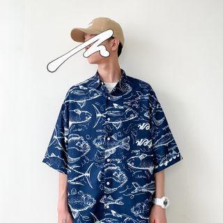 Fish-print Elbow-sleeved Shirt