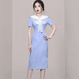 Short-sleeve Collar Ribbon Midi A-line Dress