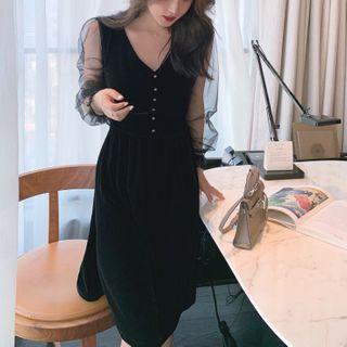 Mesh Panel Sleeve Pleuche A-line Dress