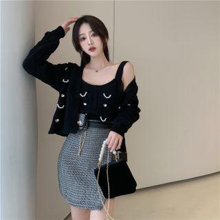 Faux Pearl Cardigan / Knit Camisole Top / Plaid Mini Pencil Skirt / Set