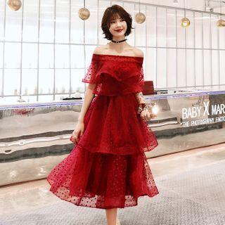 Off-shoulder Ruffled Layered Cocktail Dress