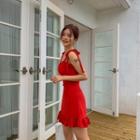 Tie-strap Frilled-hem Pinafore Dress Red - One Size