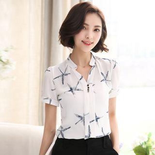 Short-sleeve Floral Print V-neck Slim Top