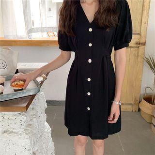 V-neck Button Dress Black - One Size