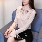 Bell-sleeve Flower Embroidered Blouse
