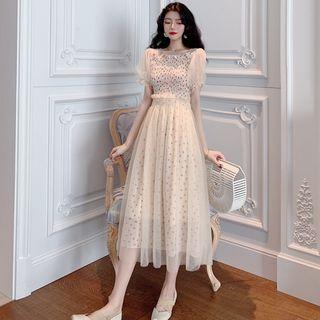 Heart Print Mesh Panel Short-sleeve Midi Dress As Shown In Figure - One Size